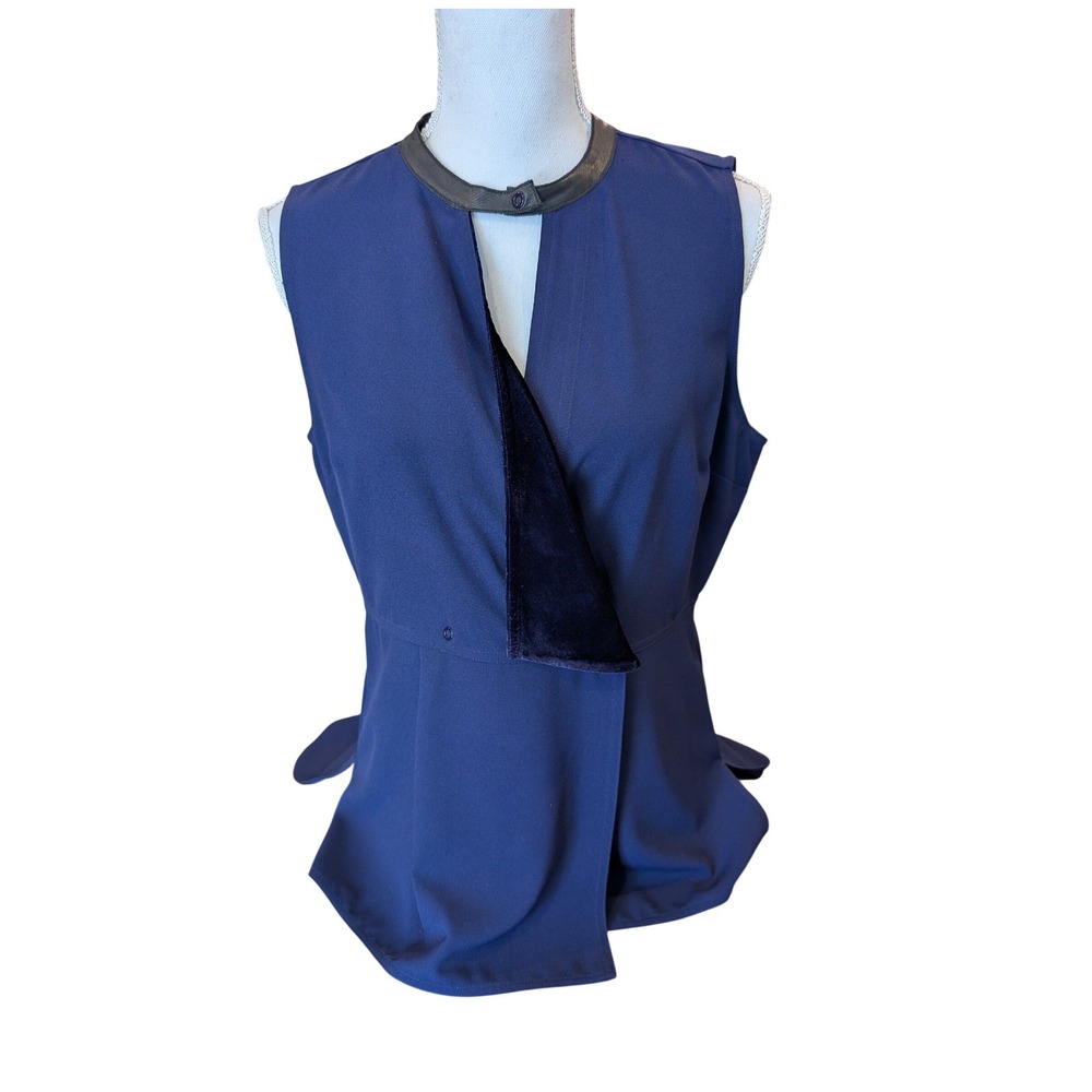 Elie Tahari Navy Sleeveless Asymmetrical Peplum Top M Leather Velvet Trim